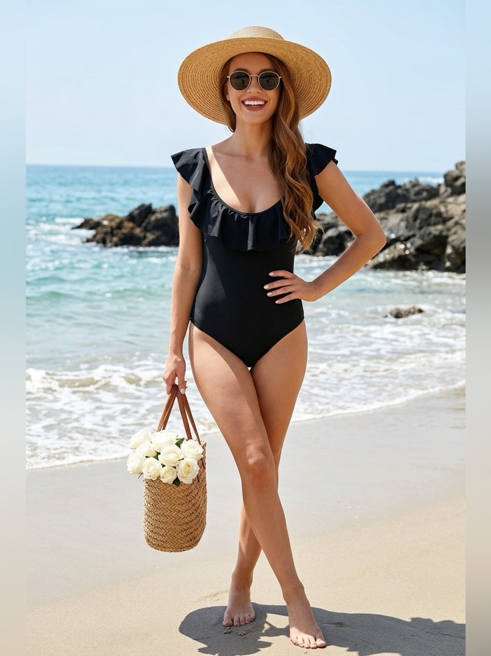 Warehouse Black Ruffle Bardot Scoop One-Piece Swimsuit